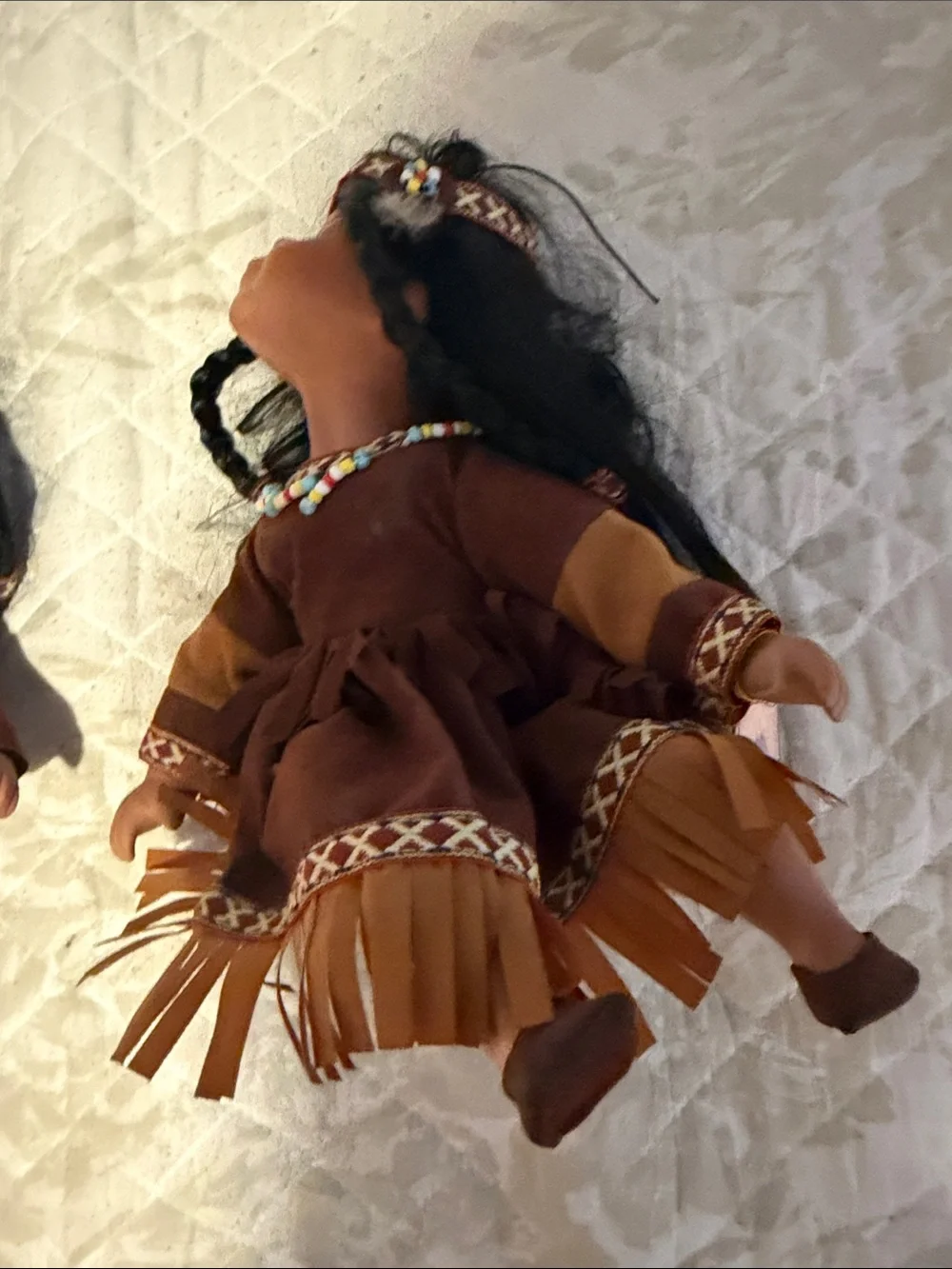 WEN Brown and Tan Fringe Beaded Doll Pair